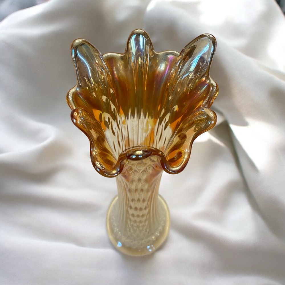Vintage Fenton Marigold Carnival Glass Swung Vase Diamond Point Columns - Picture 12 of 12